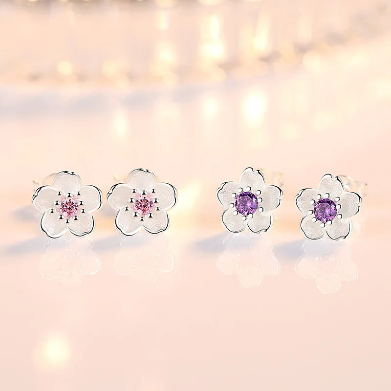 Real 925 Sterling Silver Flower Stud Earrings with Crystal
