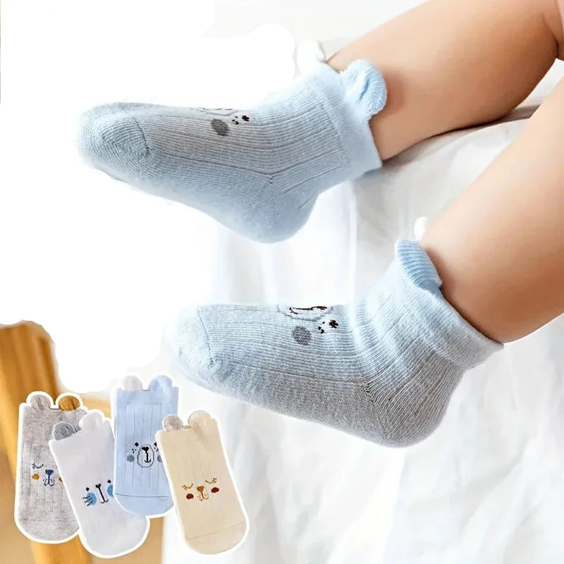 Newborn Baby Cotton Socks – 4 Pairs of Cute Bear Design Socks with 3D Ears
