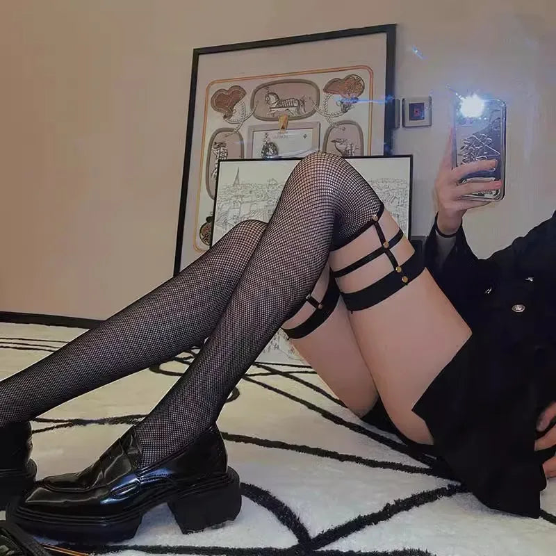 Gold Rivet Fishnet Thigh-High Stockings