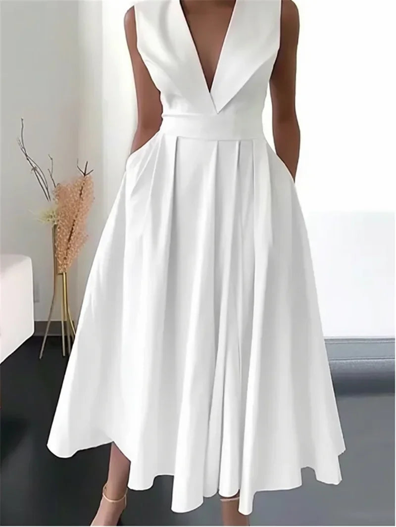 DSMTRC Sleeveless V-Neck Pleated A-Line Midi Dress for Women