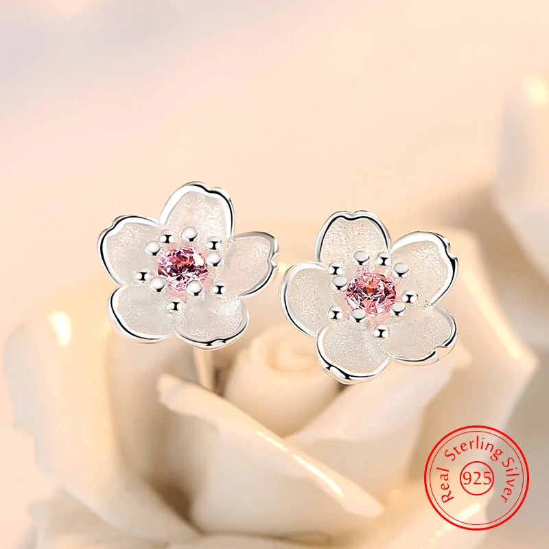 Real 925 Sterling Silver Flower Stud Earrings with Crystal