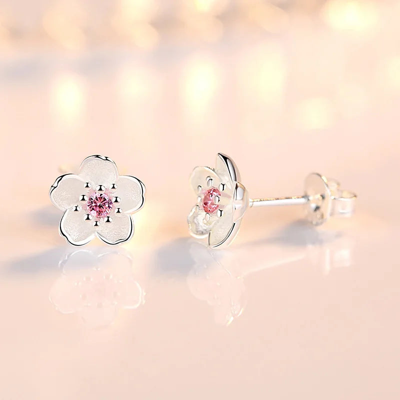 Real 925 Sterling Silver Flower Stud Earrings with Crystal