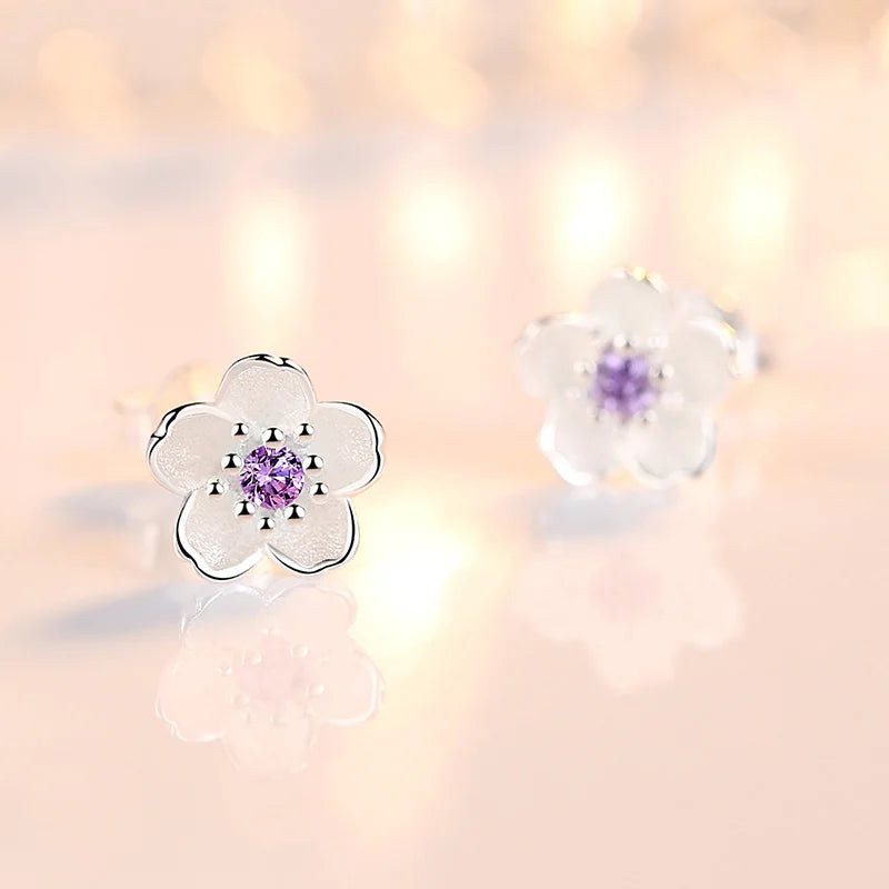 Real 925 Sterling Silver Flower Stud Earrings with Crystal