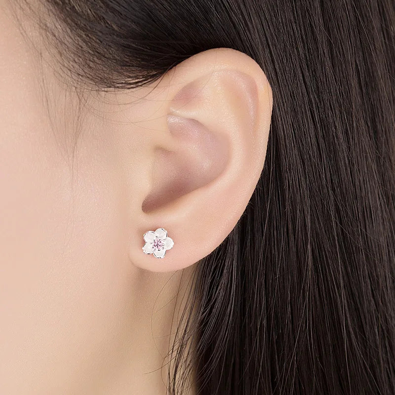 Real 925 Sterling Silver Flower Stud Earrings with Crystal