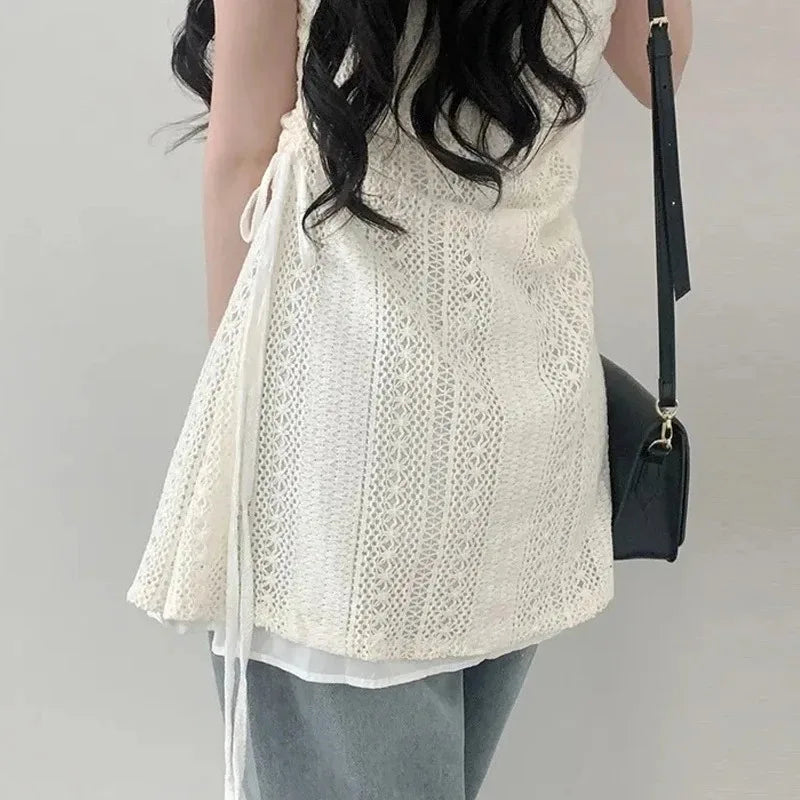 Chic French Lace Stitching Sling Shirt Stacked Gauze Knitted Dress