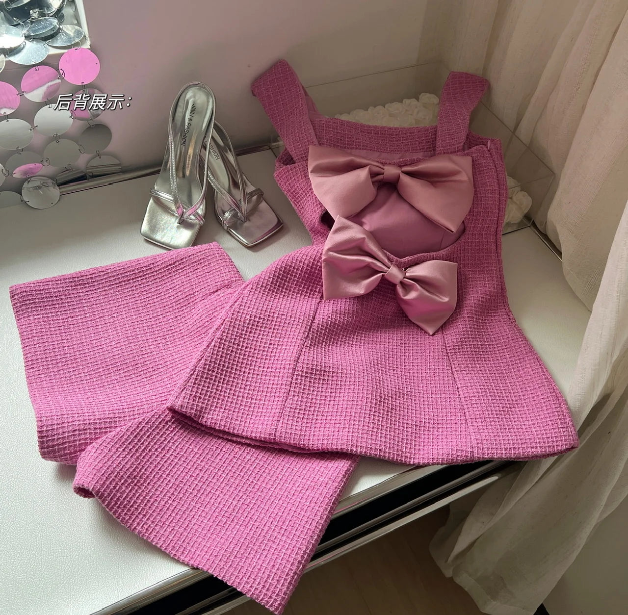 Korean Style Backless Bow Two-Piece Set