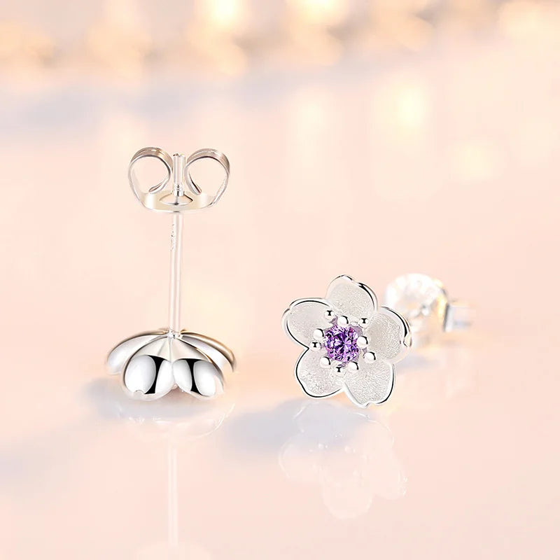 Real 925 Sterling Silver Flower Stud Earrings with Crystal