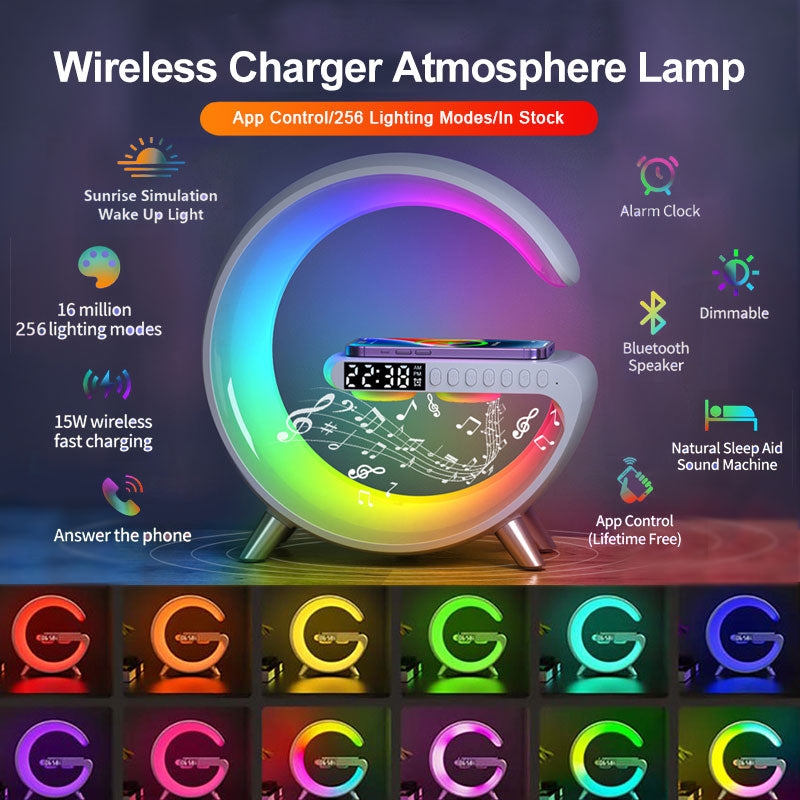 Smart G-Shaped LED Lamp with Bluetooth Speaker and Wireless Charging