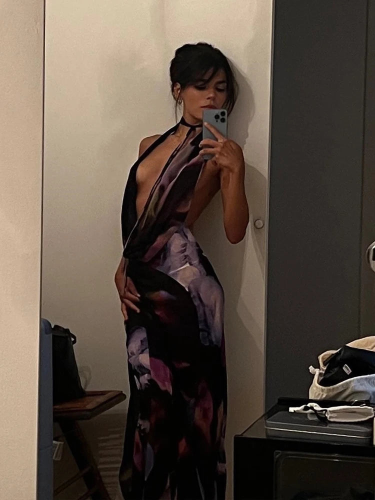 Backless Sexy Print Mesh Maxi Dress