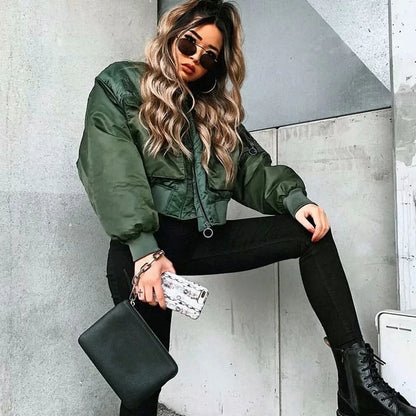 2020 stylish lady autumn winter merodi  green short jackets women fashion long sleeve zipper bomber jacket outwear women&