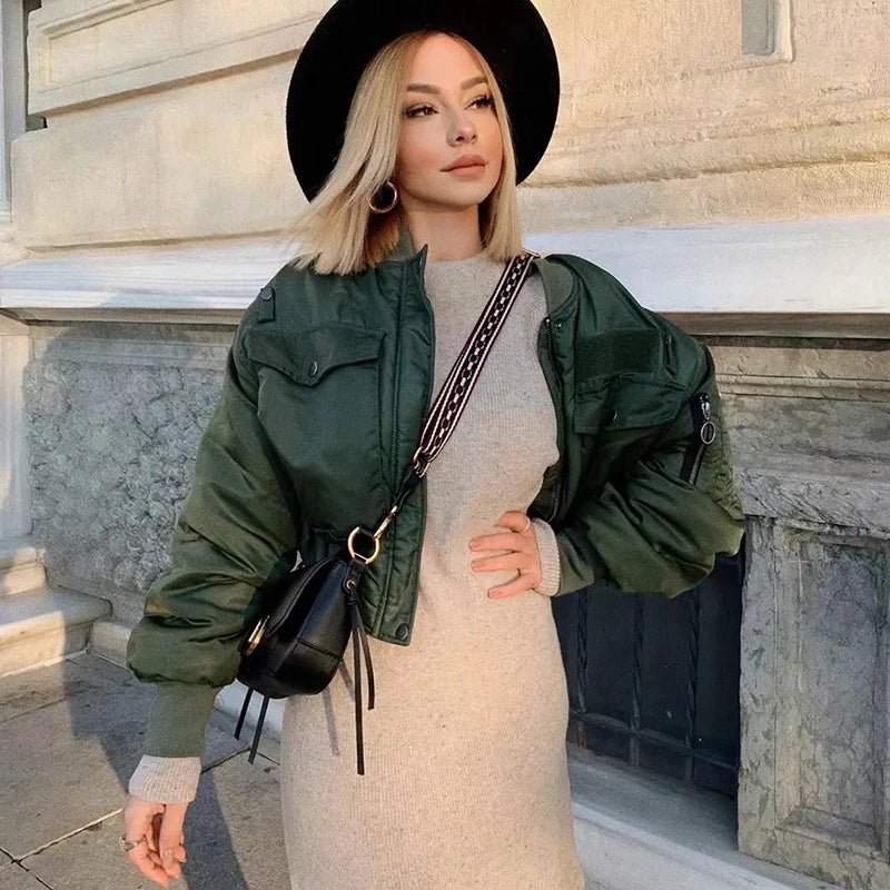 2020 stylish lady autumn winter merodi  green short jackets women fashion long sleeve zipper bomber jacket outwear women&