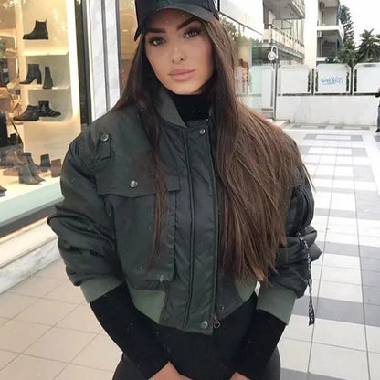 2020 stylish lady autumn winter merodi  green short jackets women fashion long sleeve zipper bomber jacket outwear women&