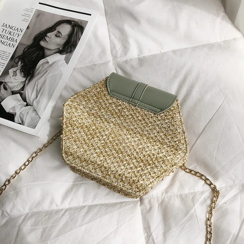 Bohemian Hexagon Straw &amp; Leather Handbag