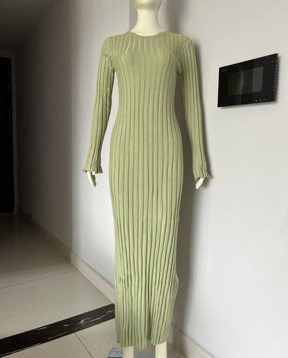 Knitted Waist-Tight Round Neck Dress for Women