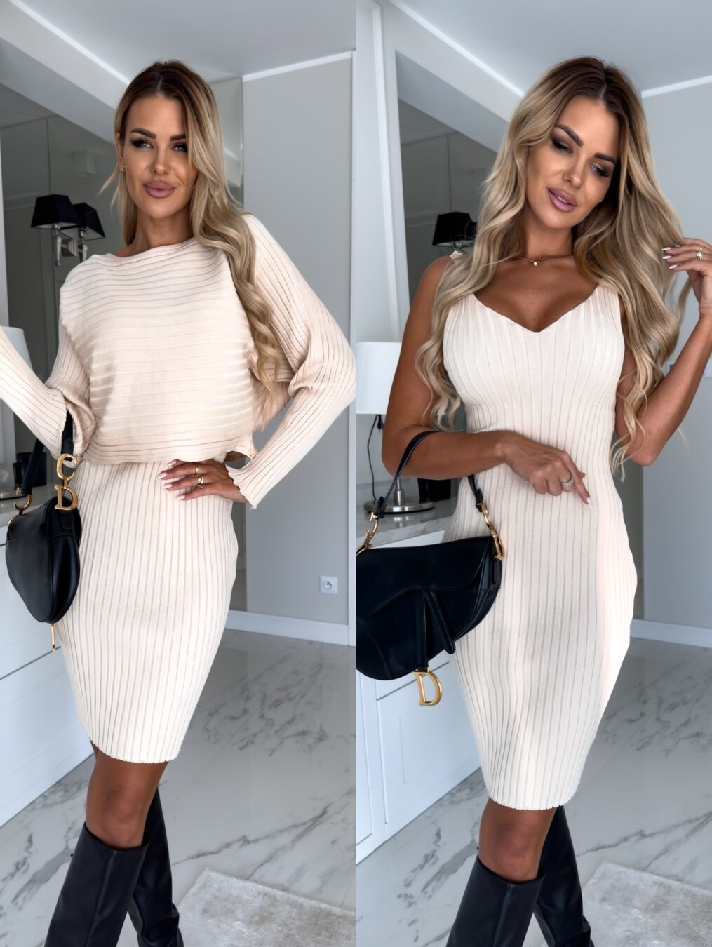 Stylish 2-Piece Set for Women – Striped Long-Sleeve Top &amp; Figure-Hugging Skirt