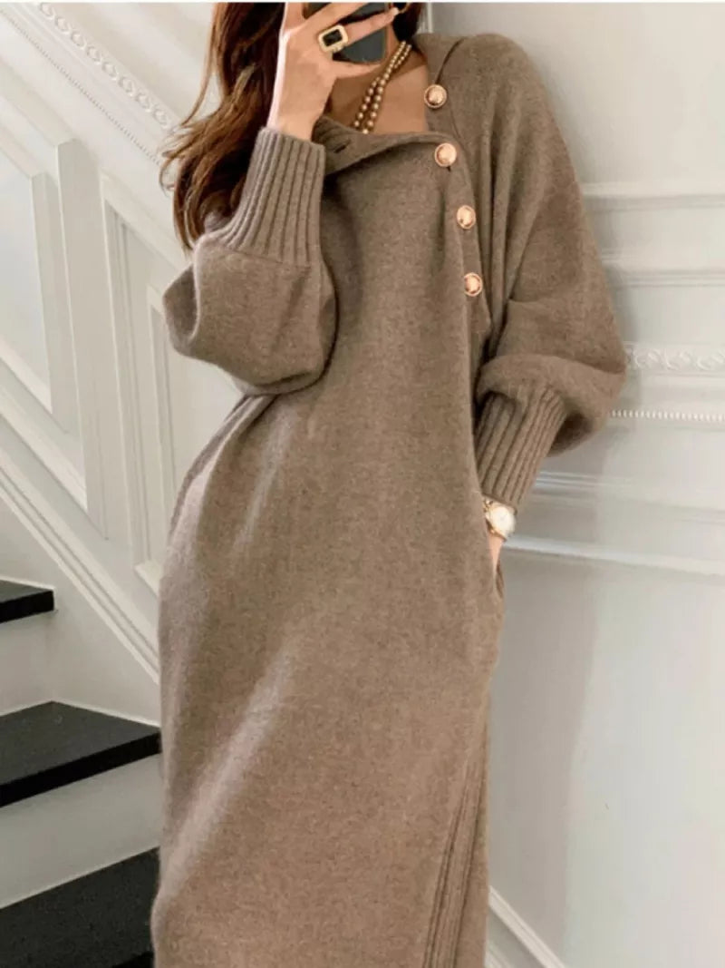 Vintage Turtleneck Buttons Long Sleeve Long Dress