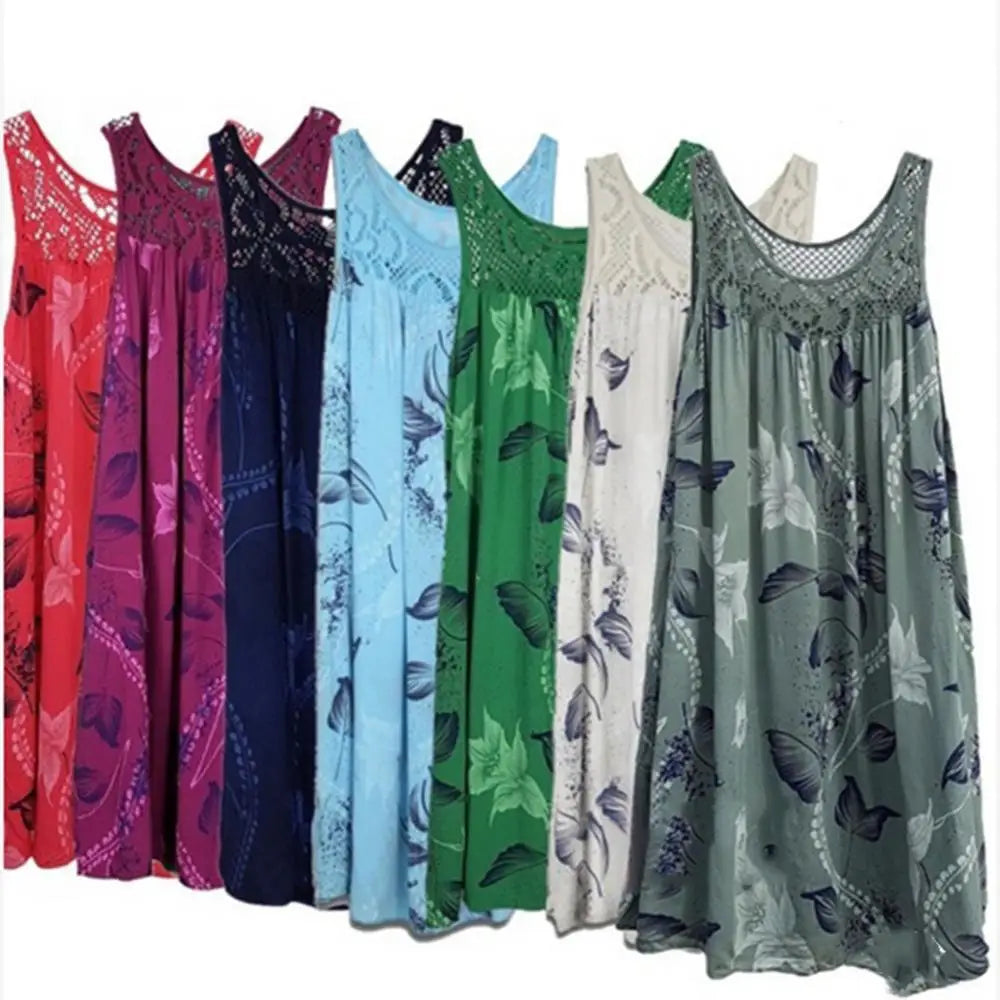 Plus Size Floral Printed Lace Stitching O-Neck Sleeveless Summer Tank Dress