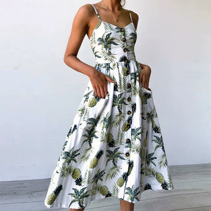 Beach-Style Midi Dress with Spaghetti Straps