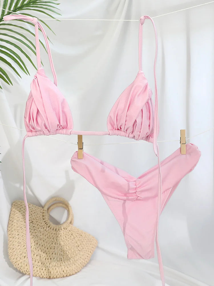 Sexy Pleated Brazilian Bikini Set – Micro Triangle Swimsuit for Women