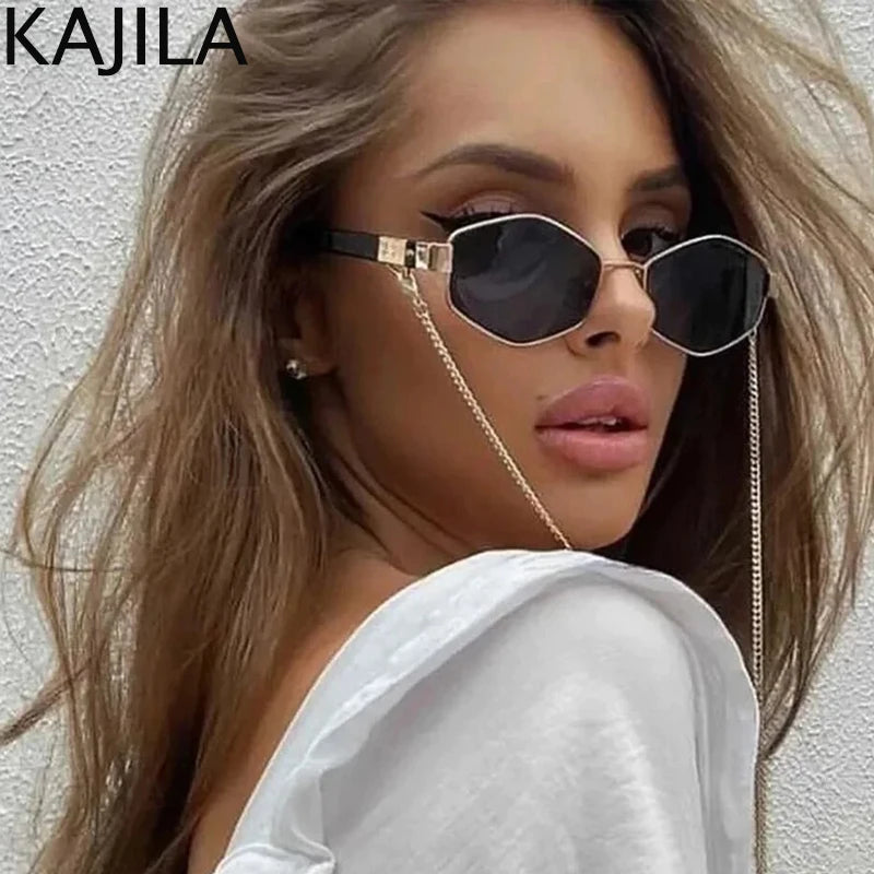 Sexy Small Frame Hexagon Sunglasses with Chain for Women