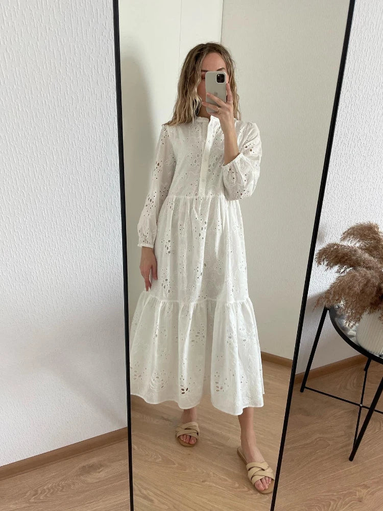 New Women Elegant Embroidered Lace White Female Splicing Dress Floral Hollow Out Loose Casual Party Vestidos