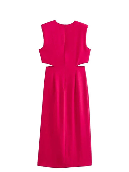 Rose Red Cut-Out Midi Evening Dress