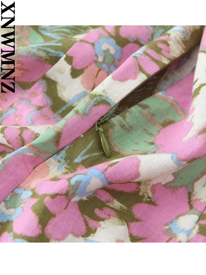 XNWMNZ Women’s Fashion Linen Blended Flower Print Dress