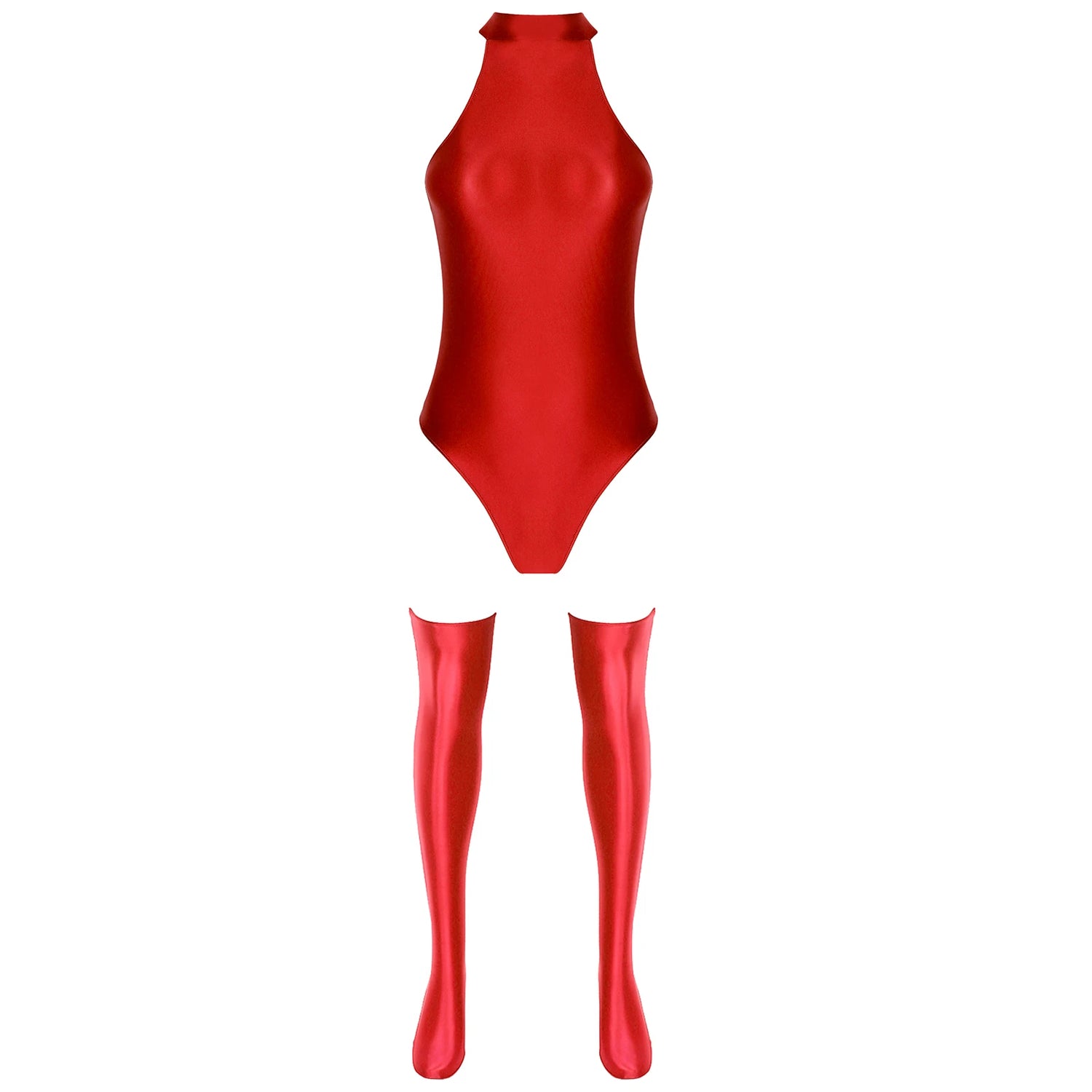 Glossy Mock Neck Bodysuit with Thigh High Stockings