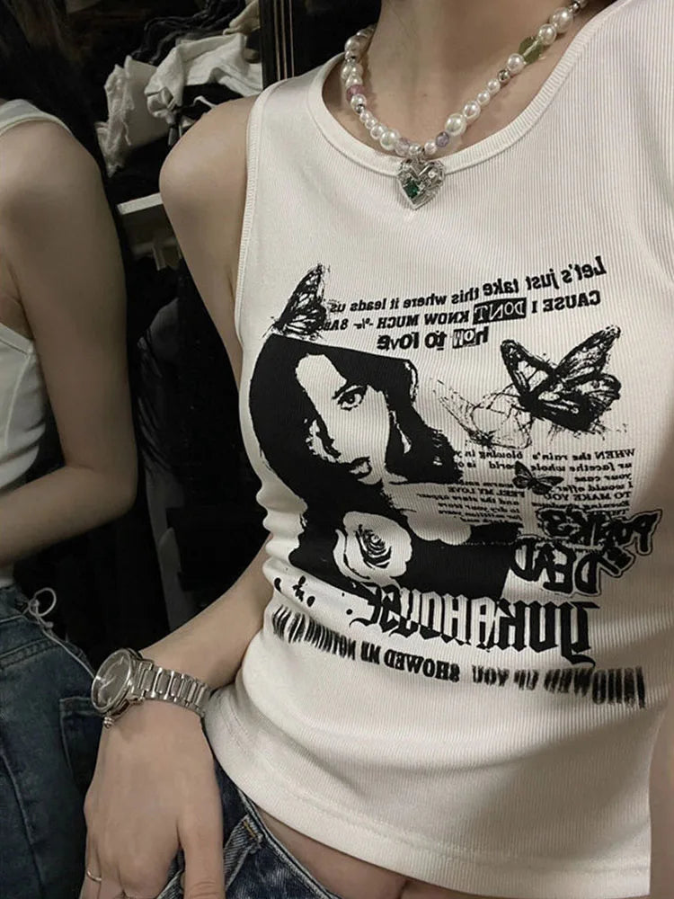 Grunge Print Sleeveless Tank Top for Women