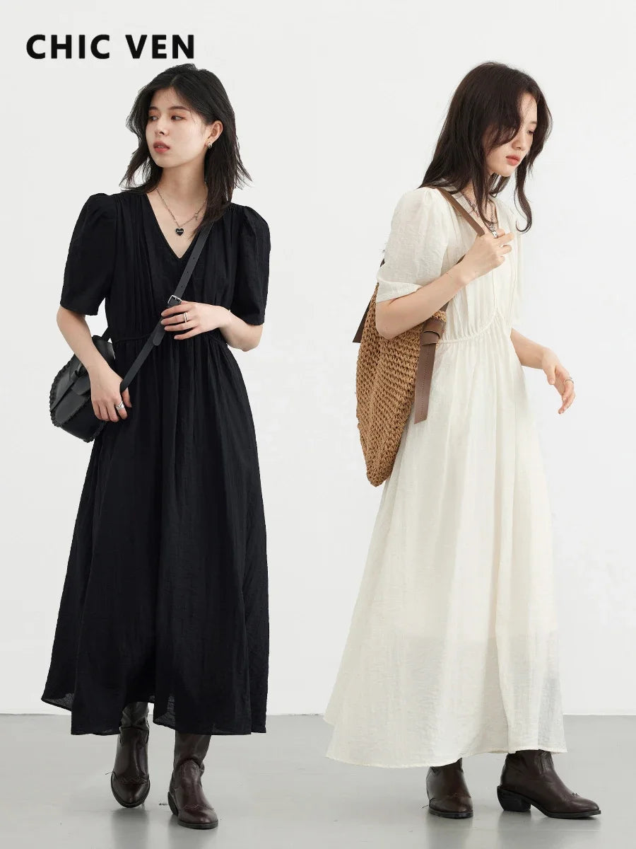 French Style V-Neck Puff Sleeve Long Dress