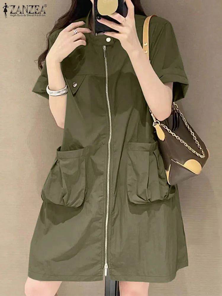 Fashion Solid Knee-Length Sundress ZANZEA Stylish Cargo Dress