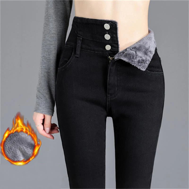 Y2k Leggings Jeans Women Velvet Thicken Warm Pencil Pants Casual High Waist Female Korean Thermal Straight Skinny Denim Trousers - Amazing G