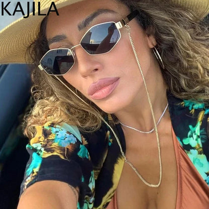 Sexy Small Frame Hexagon Sunglasses with Chain for Women