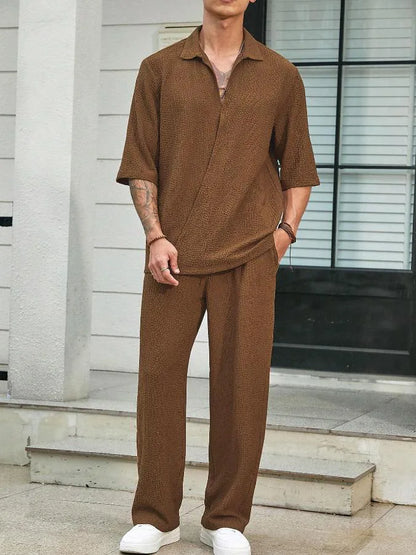 Men’s Summer 2-Piece Set – V-Neck Shirt &amp; Long Pants