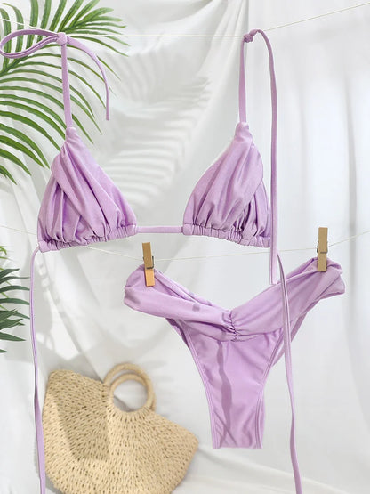 Sexy Pleated Brazilian Bikini Set – Micro Triangle Swimsuit for Women