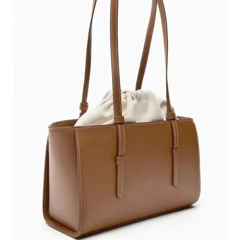 Fashionable Soft Leather Shoulder Bag with Drawstring Closure