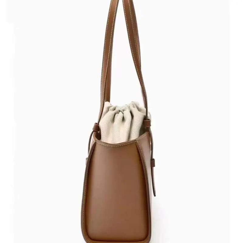 Fashionable Soft Leather Shoulder Bag with Drawstring Closure