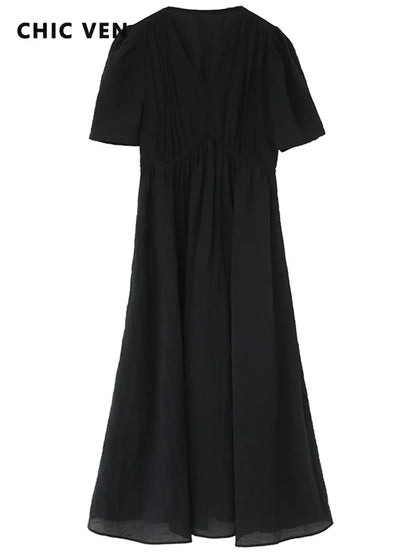 French Style V-Neck Puff Sleeve Long Dress