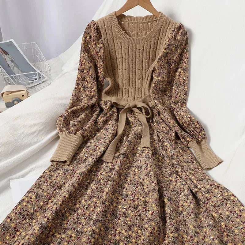 Autumn Winter Korean Patchwork Bandage Long-Sleeved Knitted Dress for Women