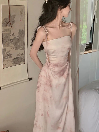Summer Women’s Spaghetti Strap Elegant Midi Satin Dress