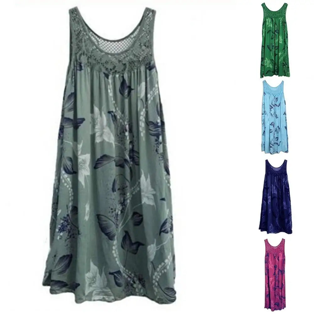 Plus Size Floral Printed Lace Stitching O-Neck Sleeveless Summer Tank Dress