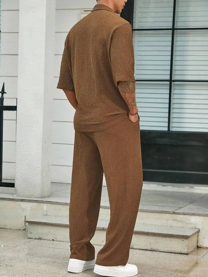 Men’s Summer 2-Piece Set – V-Neck Shirt &amp; Long Pants