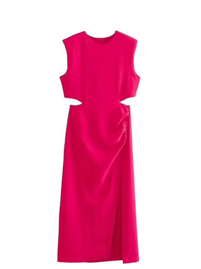 Rose Red Cut-Out Midi Evening Dress