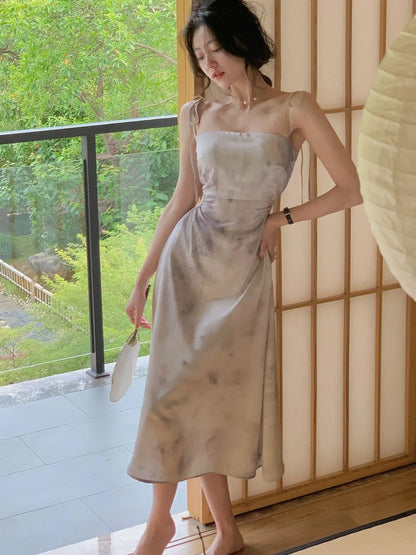 Summer Women’s Spaghetti Strap Elegant Midi Satin Dress