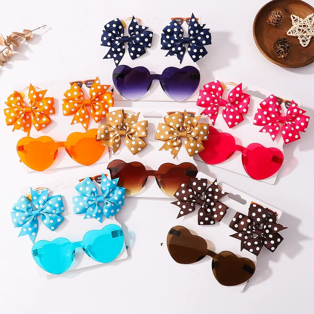 3Pcs Kids Cute Solid Dot Hairpin &amp; Colorful Heart Sunglasses Set