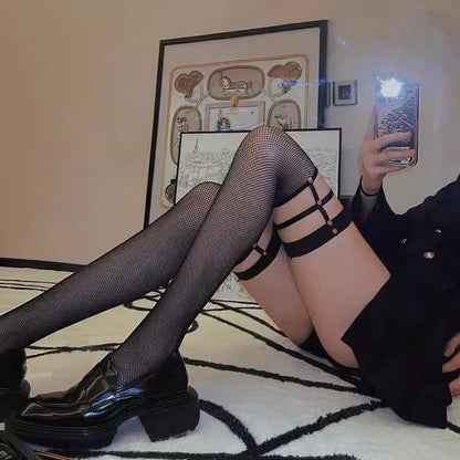 Gold Rivet Fishnet Thigh-High Stockings