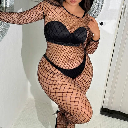 Plus Size Crotchless Pantyhose – Stretchy Fishnet Bodysuit