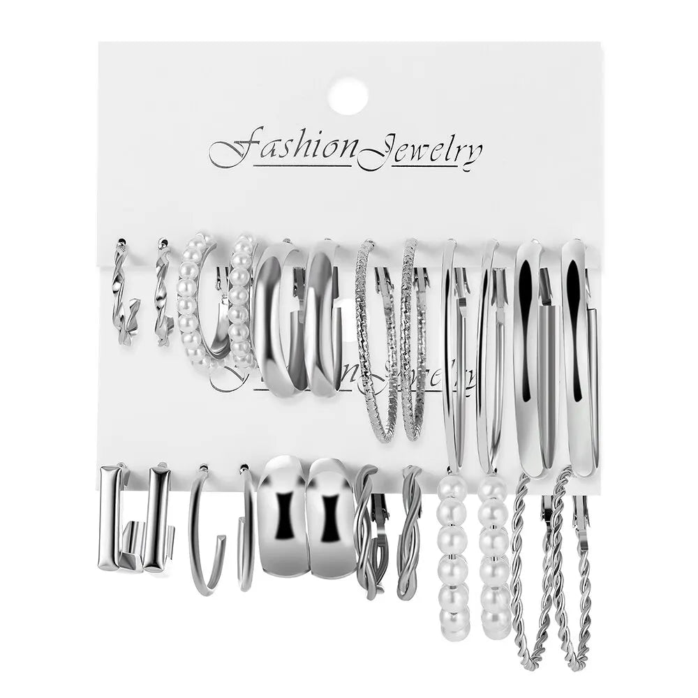 Elegant 12-Pair Silver Alloy Earrings Set