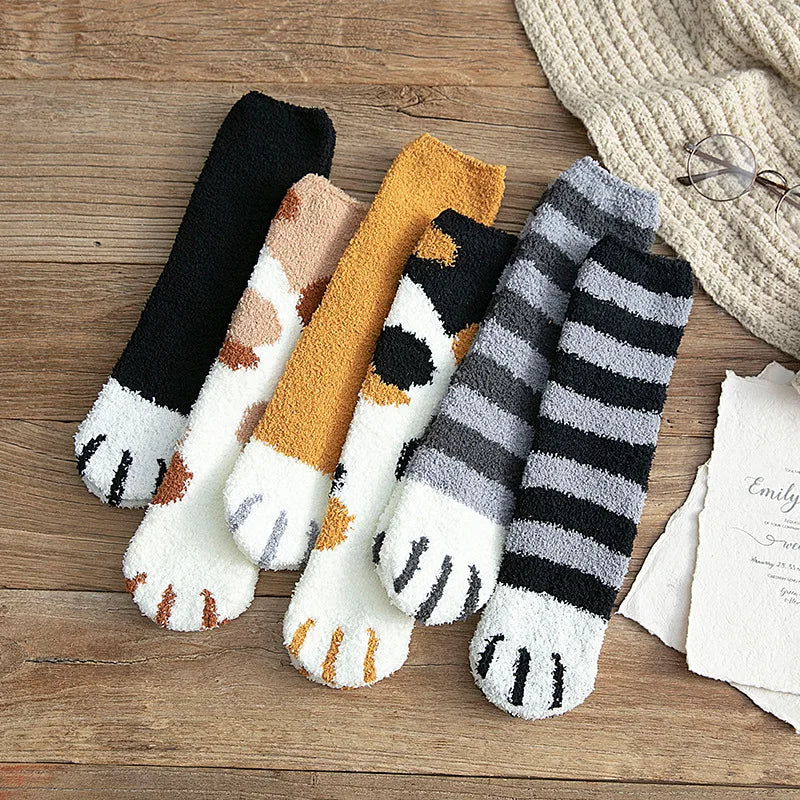 Autumn Winter Coral Velvet Cat Claw Socks for Women