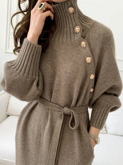 Vintage Turtleneck Buttons Long Sleeve Long Dress